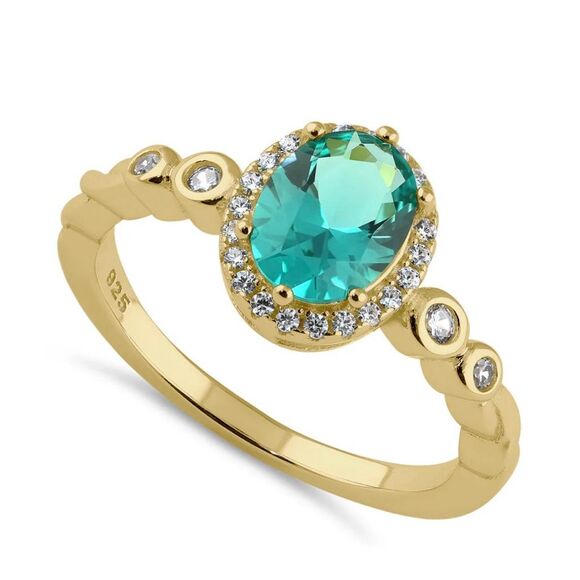 Sterling Elegance: Teal Halo Ring in Gold Vermeil with Side Stone Detailing - Picture 1 of 4